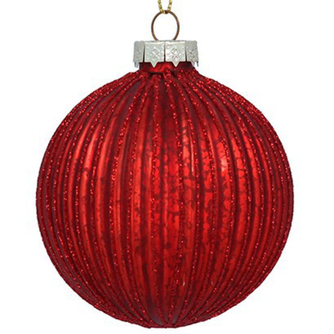 INDENT - Pack 12, Glass Ball Antique Red, Glitter Rib 8cm image 0